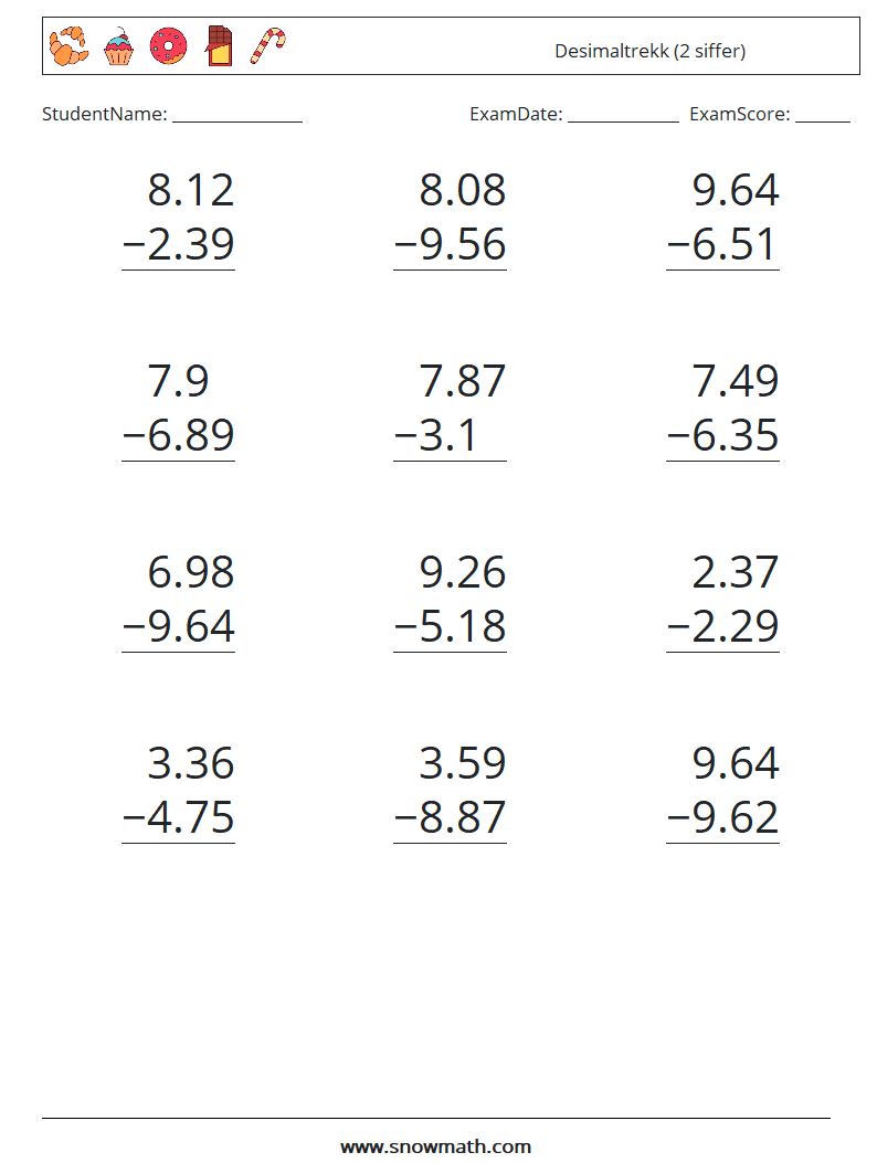 (12) Desimaltrekk (2 siffer) MathWorksheets 13