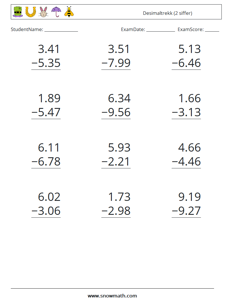 (12) Desimaltrekk (2 siffer) MathWorksheets 14