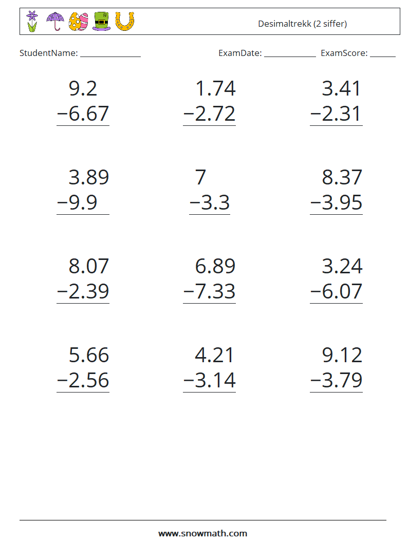 (12) Desimaltrekk (2 siffer) MathWorksheets 15