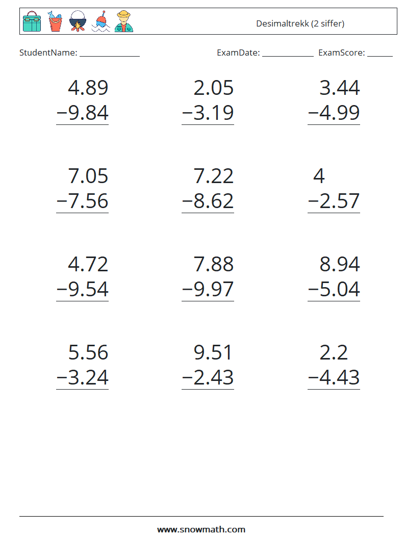 (12) Desimaltrekk (2 siffer) MathWorksheets 17