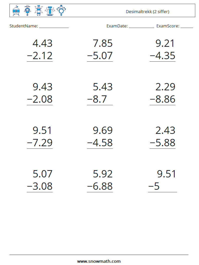 (12) Desimaltrekk (2 siffer) MathWorksheets 18