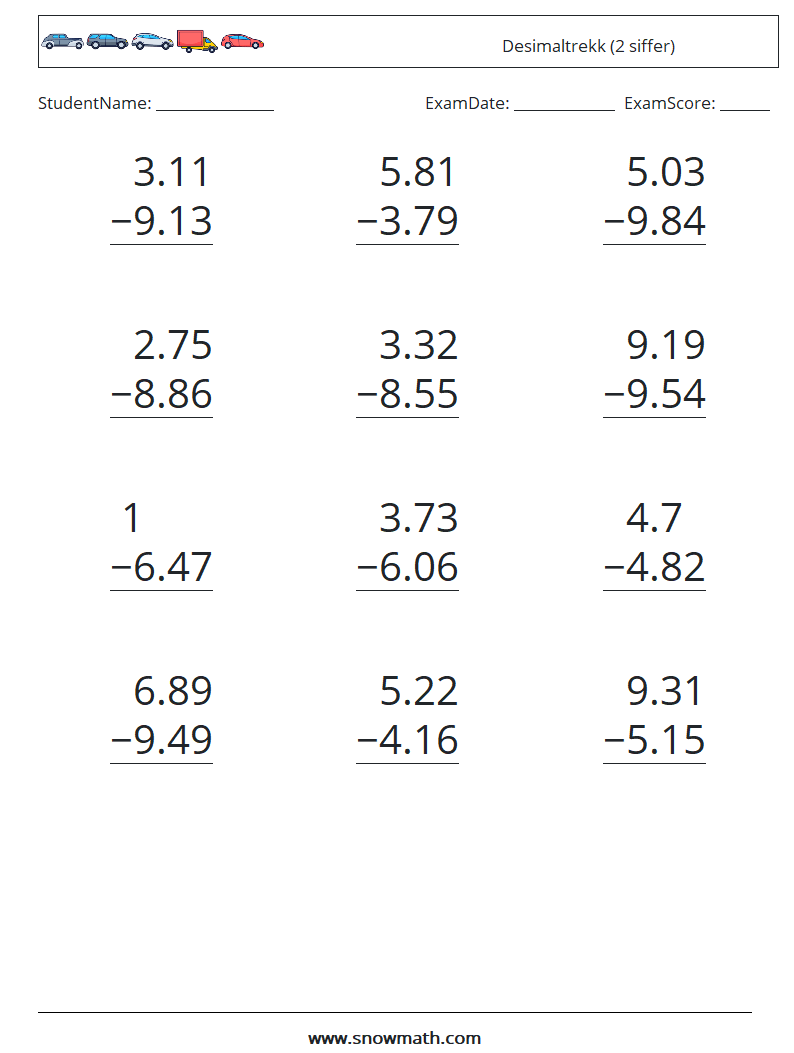 (12) Desimaltrekk (2 siffer) MathWorksheets 3