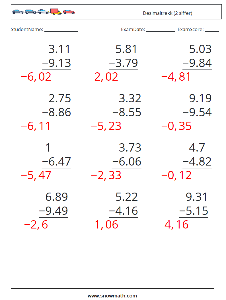 (12) Desimaltrekk (2 siffer) MathWorksheets 3 QuestionAnswer