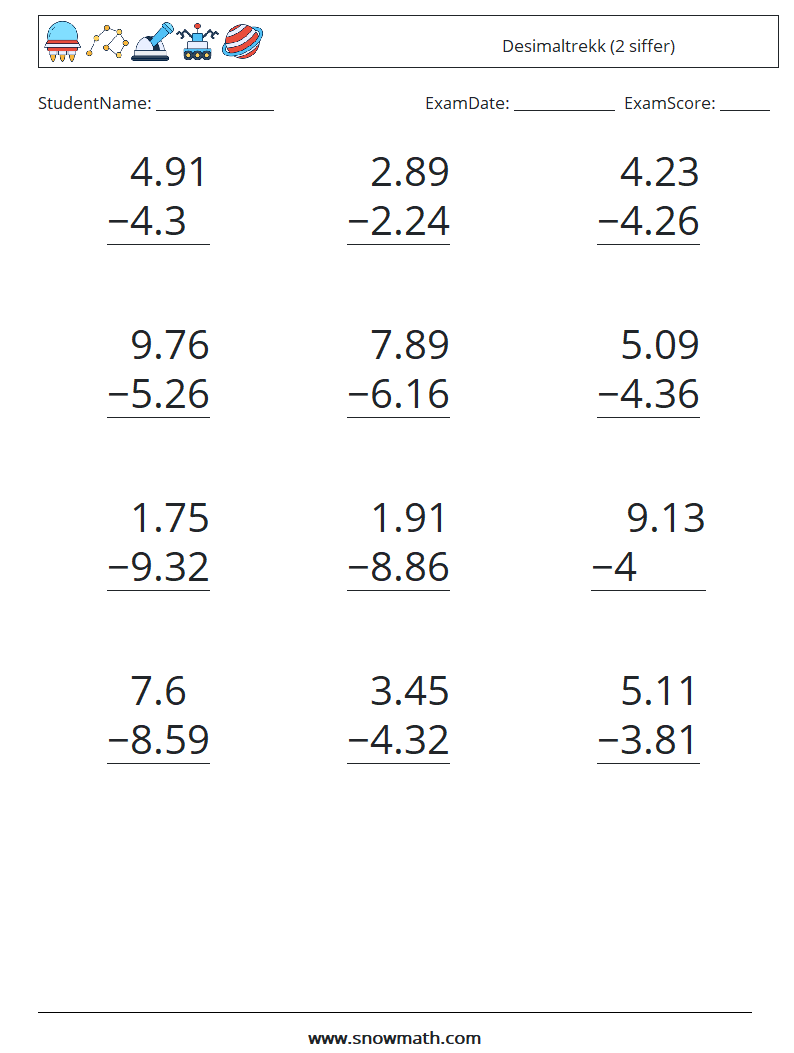 (12) Desimaltrekk (2 siffer) MathWorksheets 4