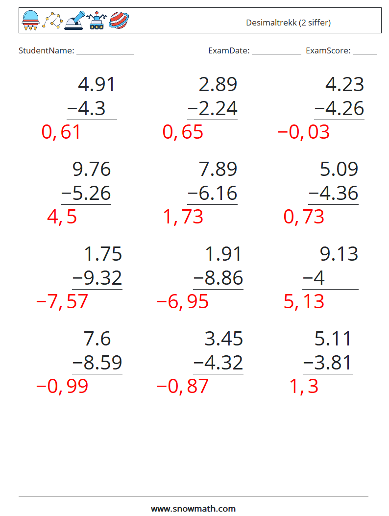 (12) Desimaltrekk (2 siffer) MathWorksheets 4 QuestionAnswer