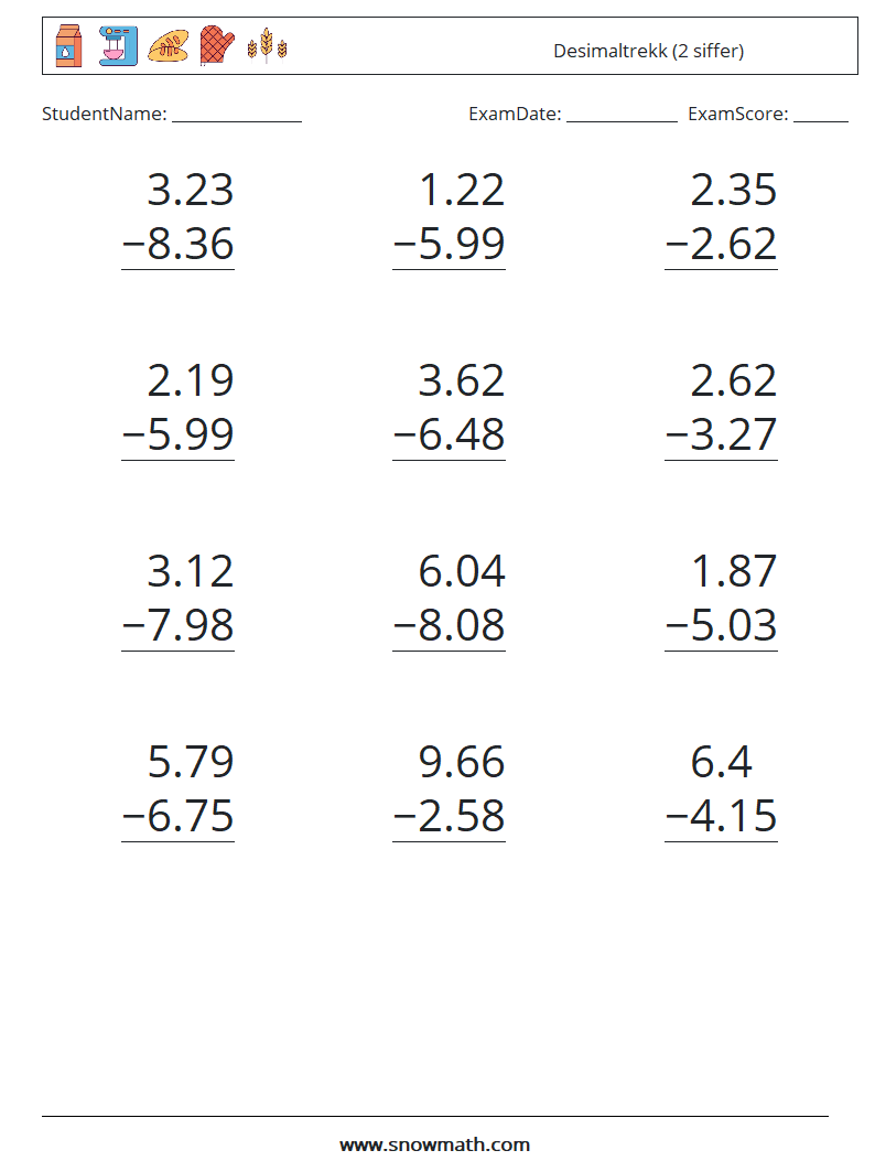 (12) Desimaltrekk (2 siffer) MathWorksheets 5