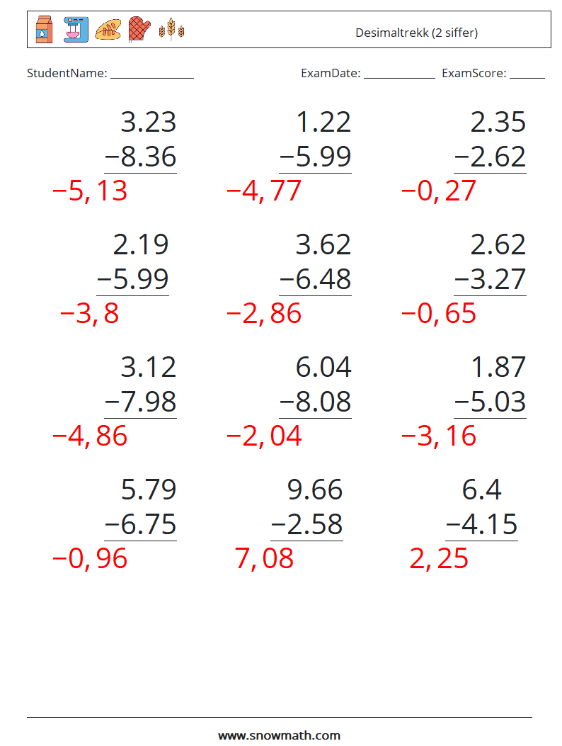 (12) Desimaltrekk (2 siffer) MathWorksheets 5 QuestionAnswer