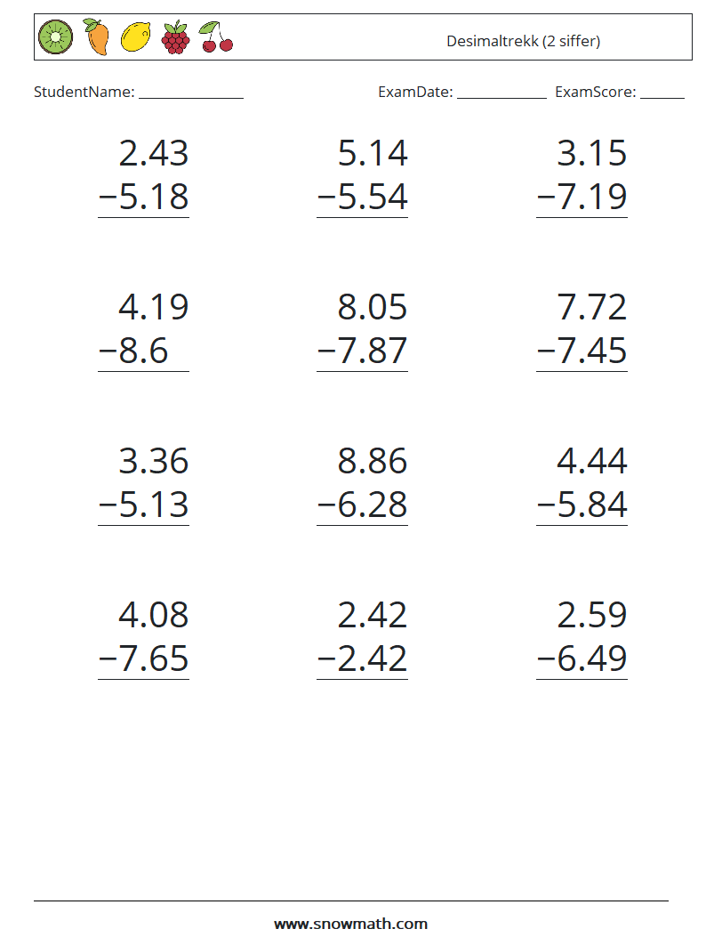 (12) Desimaltrekk (2 siffer) MathWorksheets 6