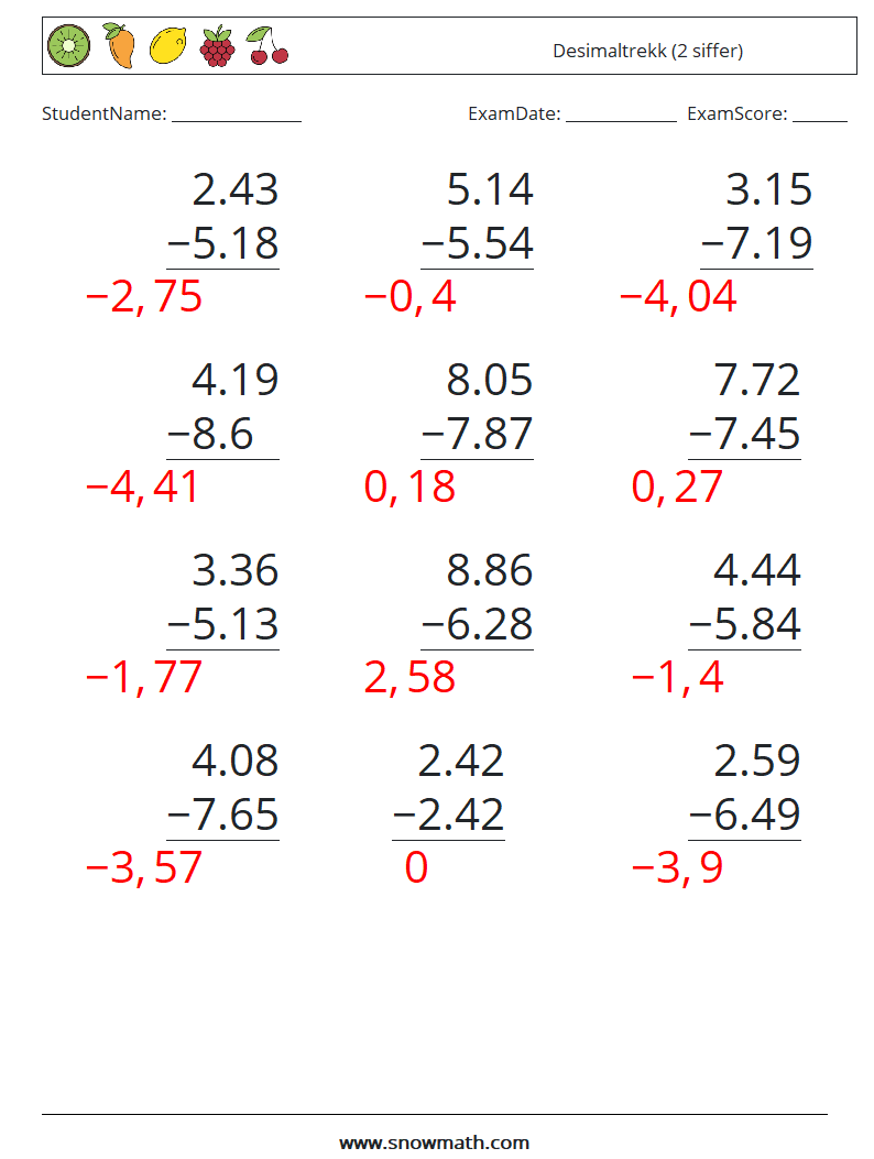 (12) Desimaltrekk (2 siffer) MathWorksheets 6 QuestionAnswer