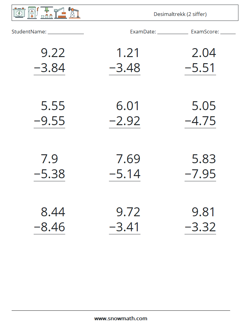 (12) Desimaltrekk (2 siffer) MathWorksheets 7