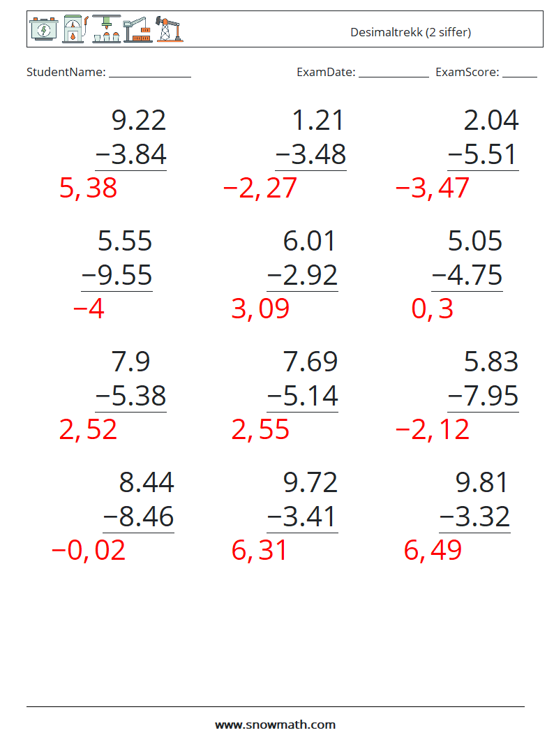 (12) Desimaltrekk (2 siffer) MathWorksheets 7 QuestionAnswer