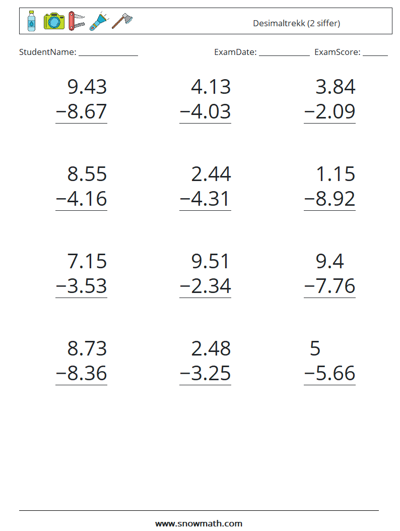 (12) Desimaltrekk (2 siffer) MathWorksheets 8