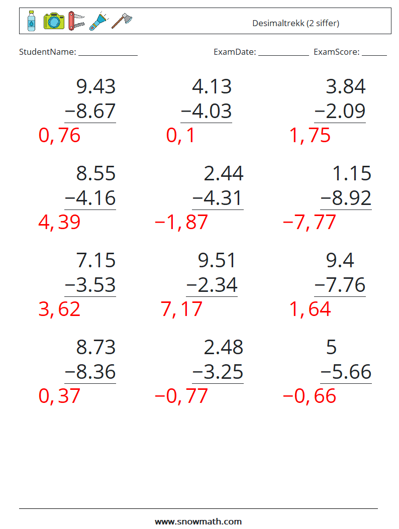 (12) Desimaltrekk (2 siffer) MathWorksheets 8 QuestionAnswer