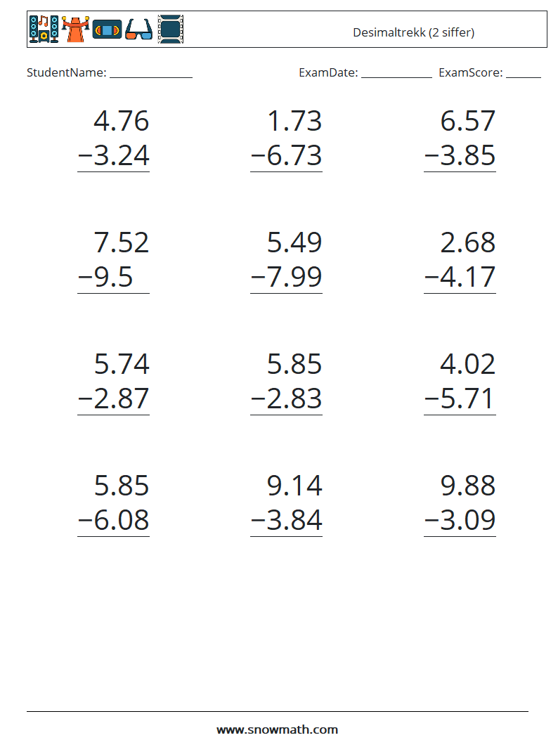 (12) Desimaltrekk (2 siffer) MathWorksheets 9