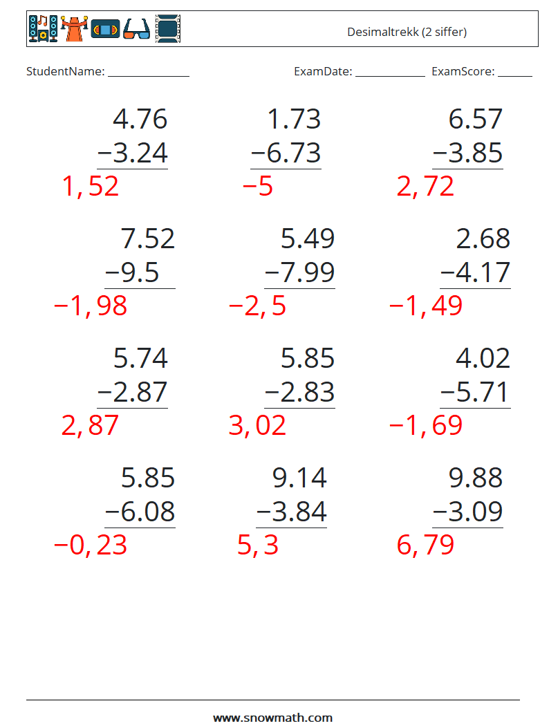 (12) Desimaltrekk (2 siffer) MathWorksheets 9 QuestionAnswer