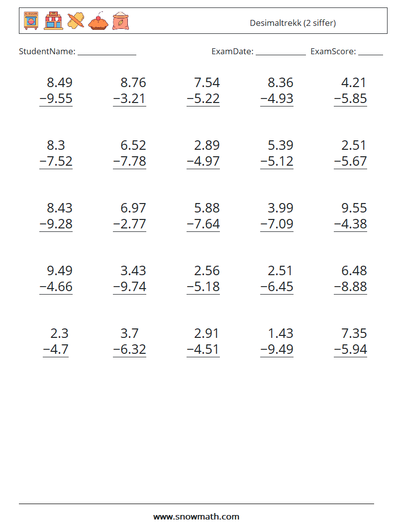 (25) Desimaltrekk (2 siffer) MathWorksheets 1