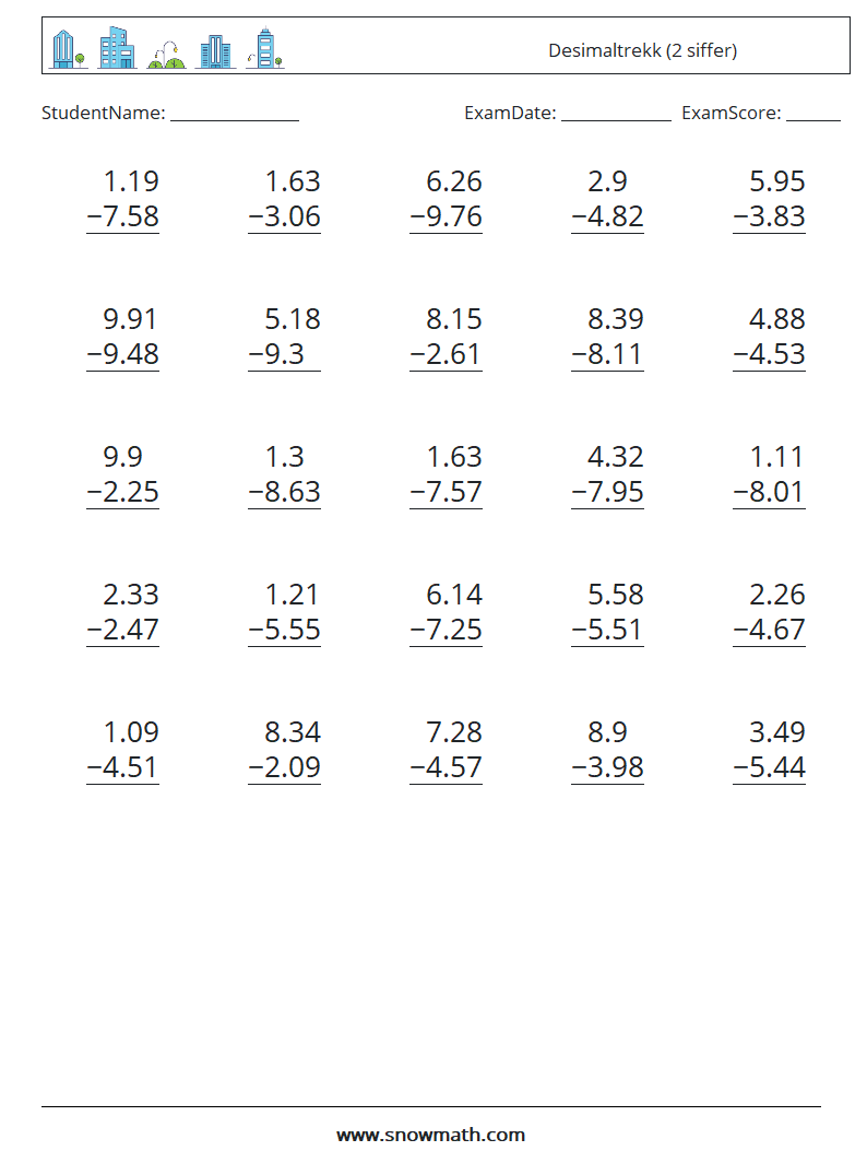 (25) Desimaltrekk (2 siffer) MathWorksheets 10