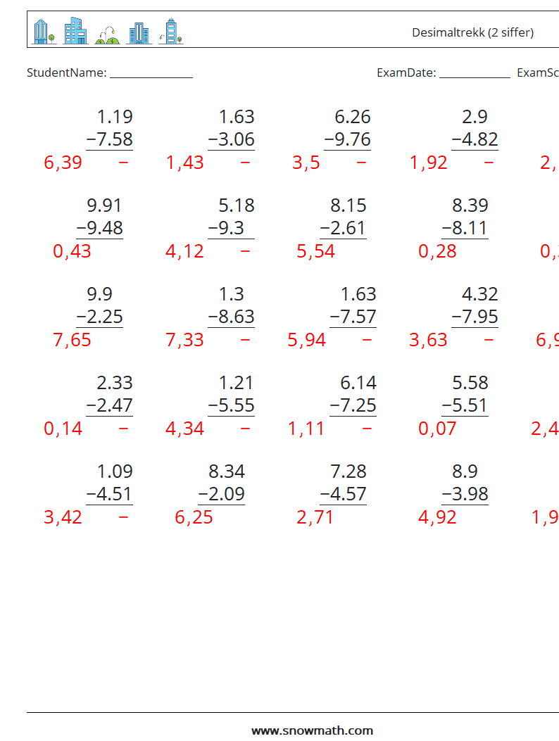 (25) Desimaltrekk (2 siffer) MathWorksheets 10 QuestionAnswer