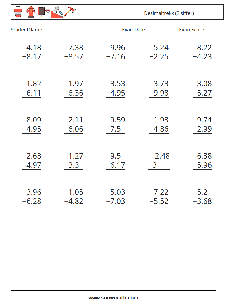 (25) Desimaltrekk (2 siffer) MathWorksheets 13