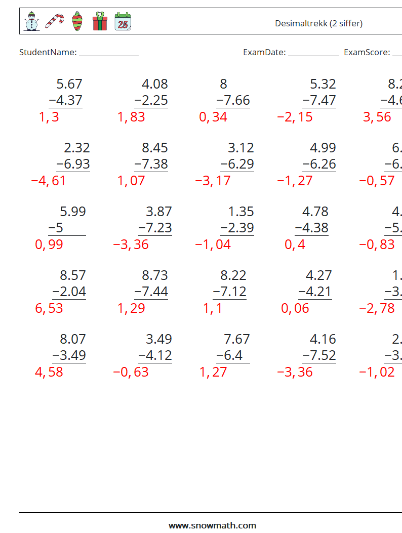 (25) Desimaltrekk (2 siffer) MathWorksheets 14 QuestionAnswer