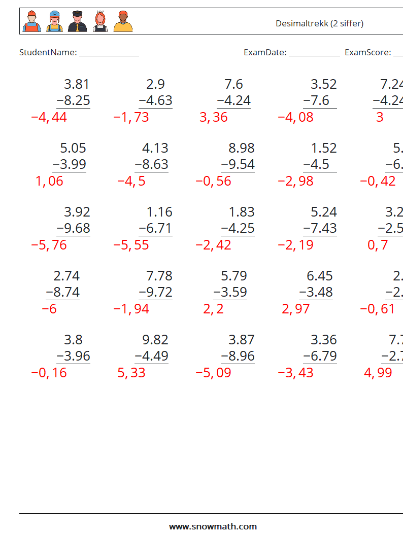 (25) Desimaltrekk (2 siffer) MathWorksheets 15 QuestionAnswer