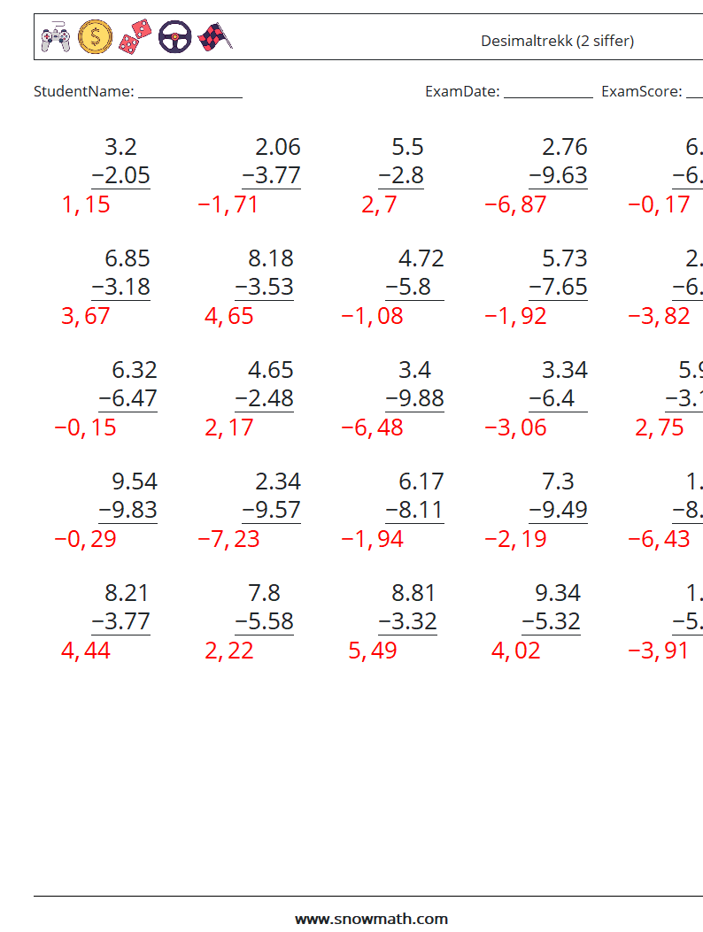 (25) Desimaltrekk (2 siffer) MathWorksheets 18 QuestionAnswer