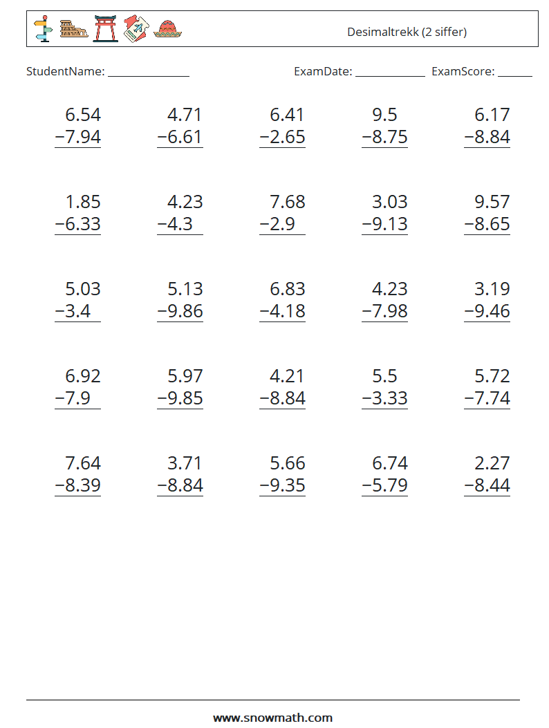 (25) Desimaltrekk (2 siffer) MathWorksheets 2