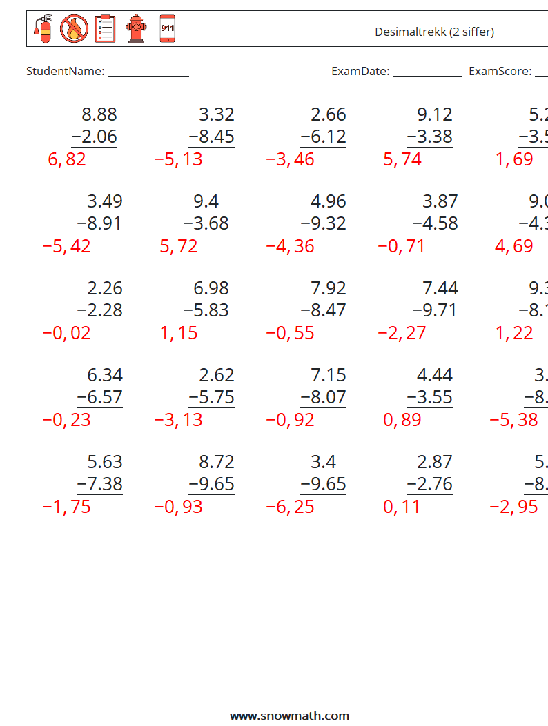 (25) Desimaltrekk (2 siffer) MathWorksheets 3 QuestionAnswer