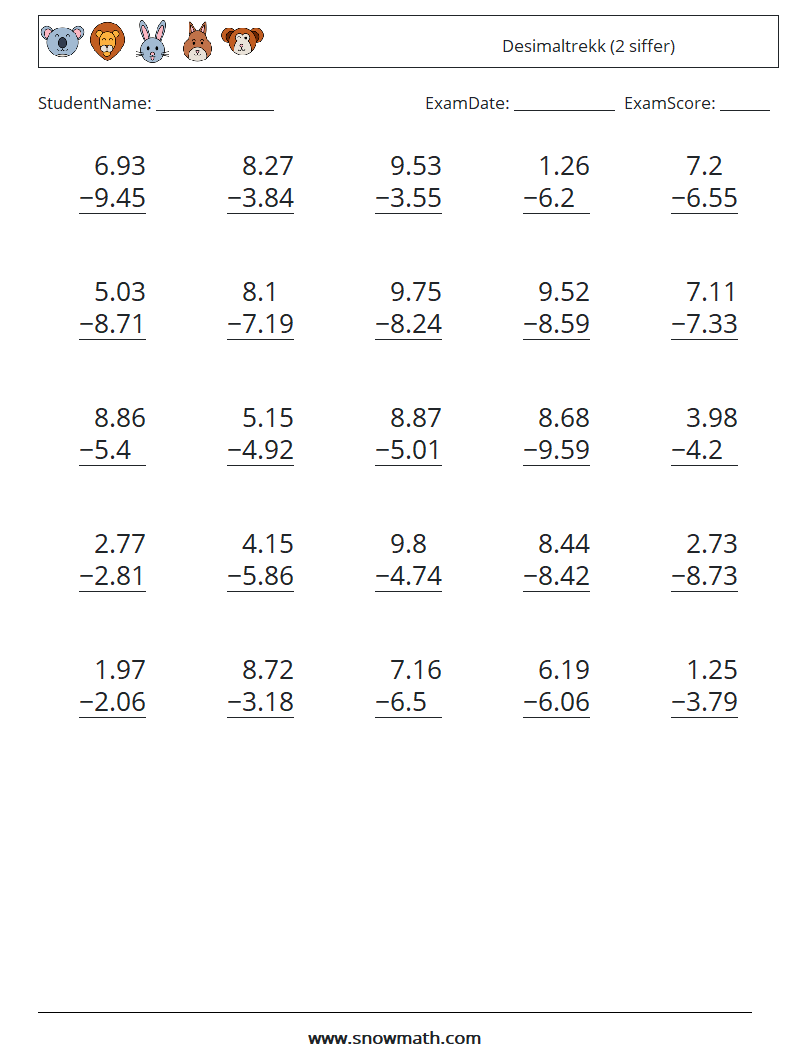(25) Desimaltrekk (2 siffer) MathWorksheets 4