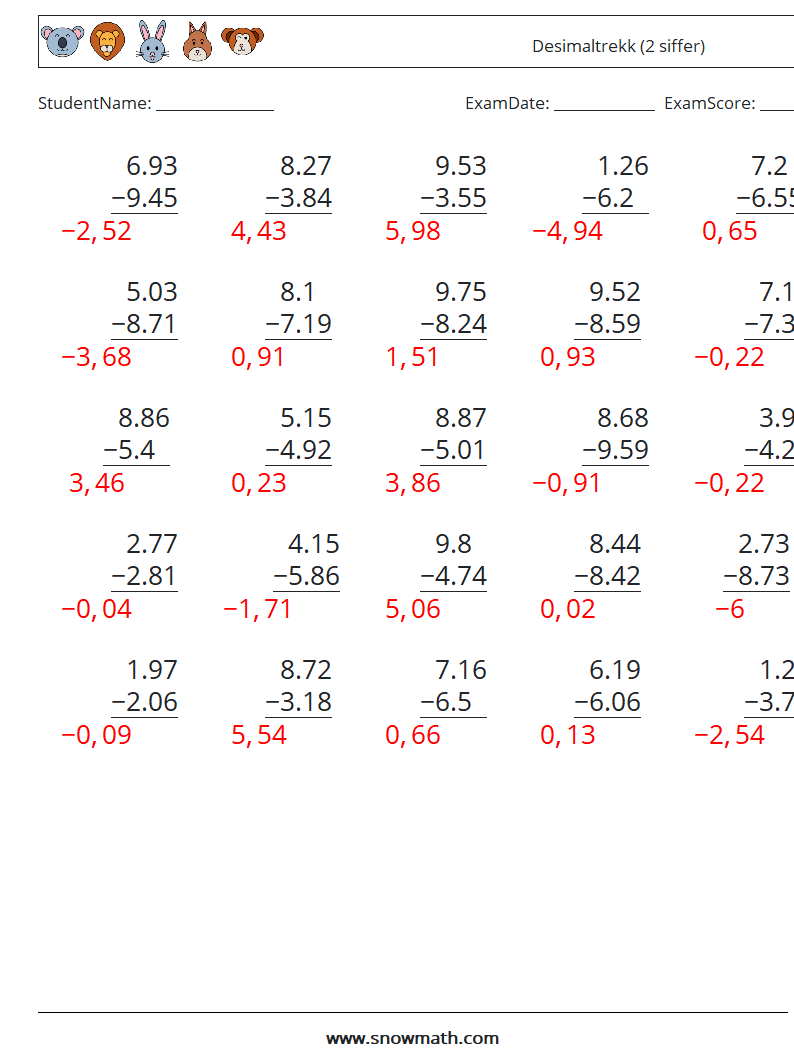 (25) Desimaltrekk (2 siffer) MathWorksheets 4 QuestionAnswer