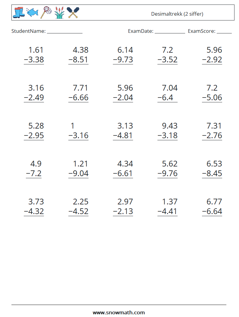 (25) Desimaltrekk (2 siffer) MathWorksheets 5