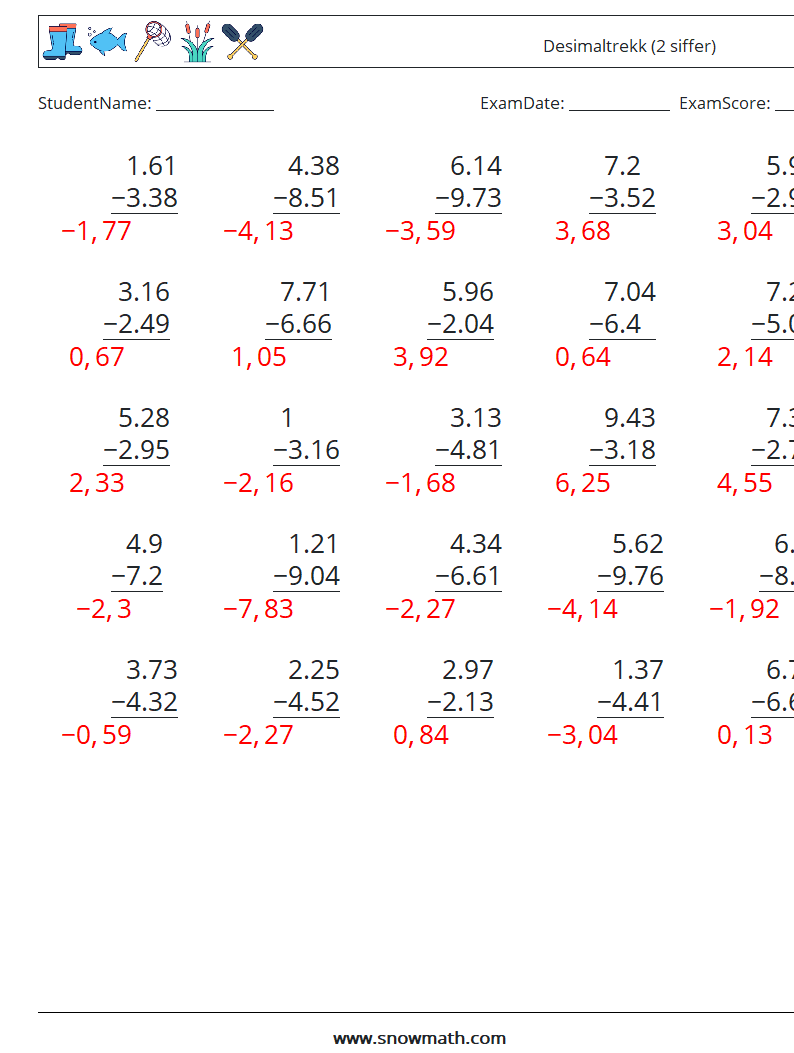 (25) Desimaltrekk (2 siffer) MathWorksheets 5 QuestionAnswer
