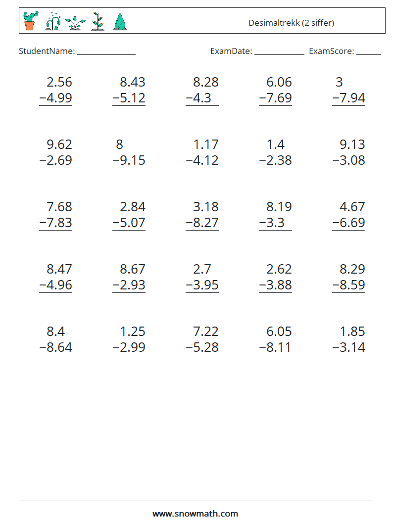 (25) Desimaltrekk (2 siffer) MathWorksheets 6