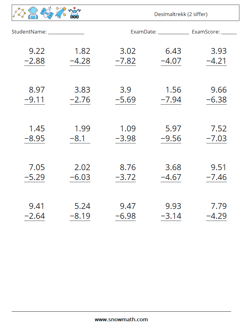 (25) Desimaltrekk (2 siffer) MathWorksheets 7