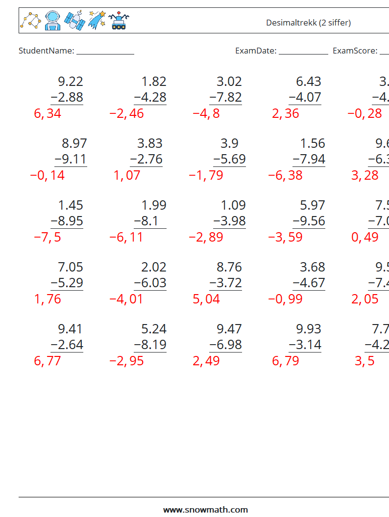 (25) Desimaltrekk (2 siffer) MathWorksheets 7 QuestionAnswer