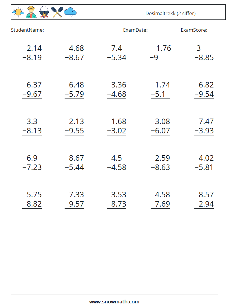 (25) Desimaltrekk (2 siffer) MathWorksheets 9