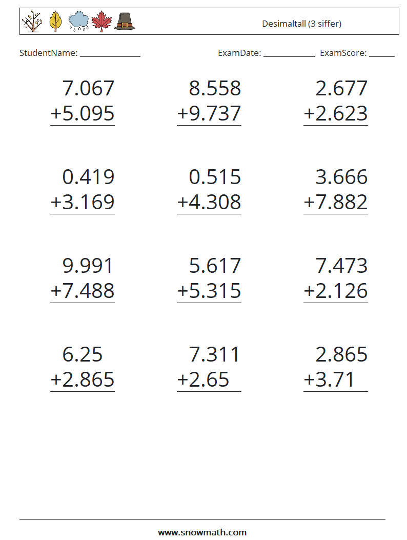 (12) Desimaltall (3 siffer) MathWorksheets 1