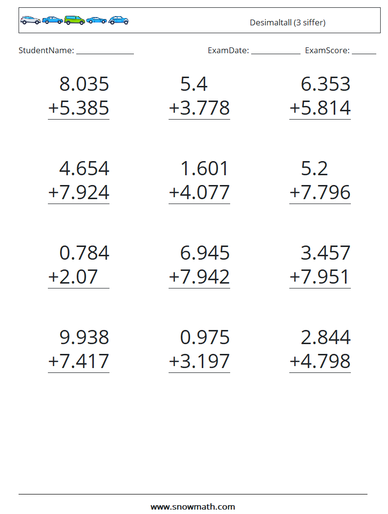 (12) Desimaltall (3 siffer) MathWorksheets 10