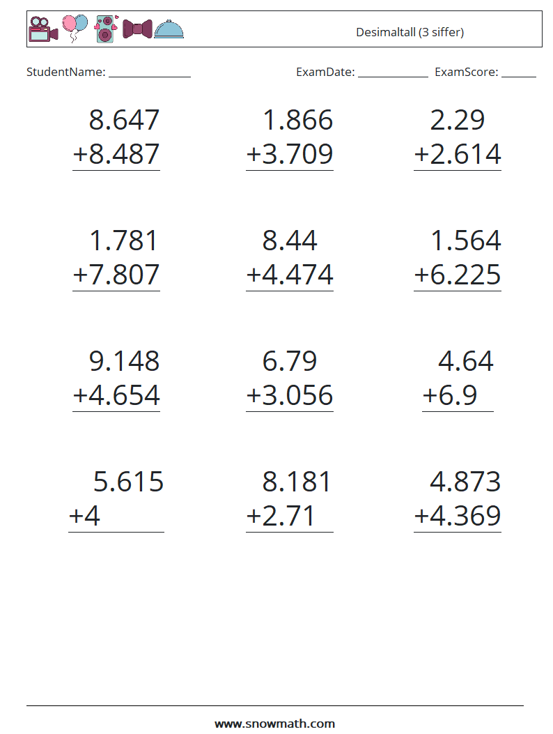 (12) Desimaltall (3 siffer) MathWorksheets 11