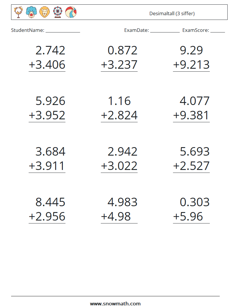 (12) Desimaltall (3 siffer) MathWorksheets 12