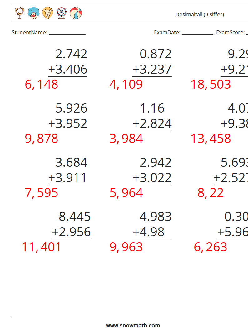 (12) Desimaltall (3 siffer) MathWorksheets 12 QuestionAnswer