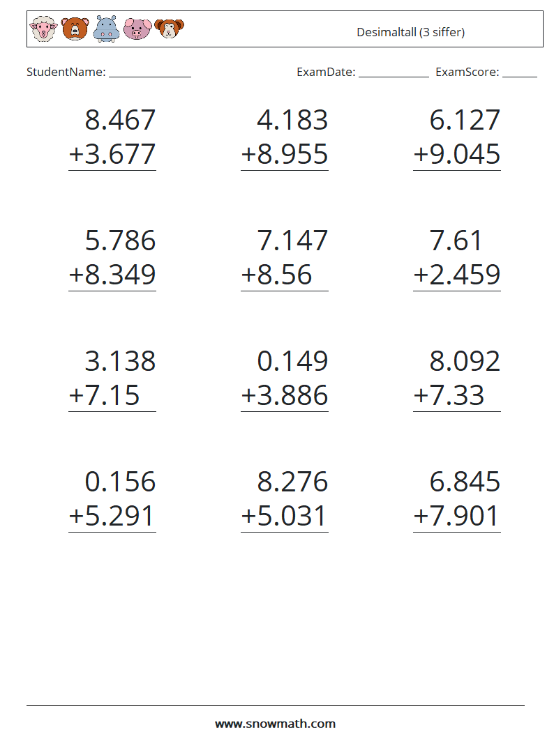 (12) Desimaltall (3 siffer) MathWorksheets 13