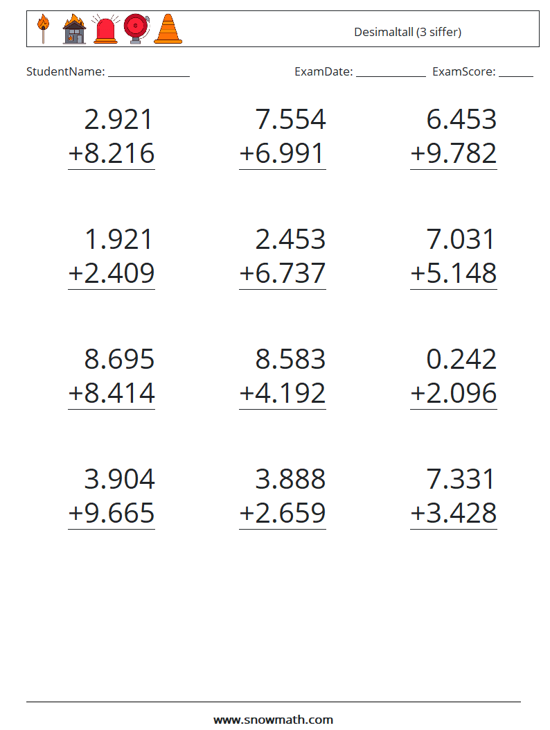 (12) Desimaltall (3 siffer) MathWorksheets 14