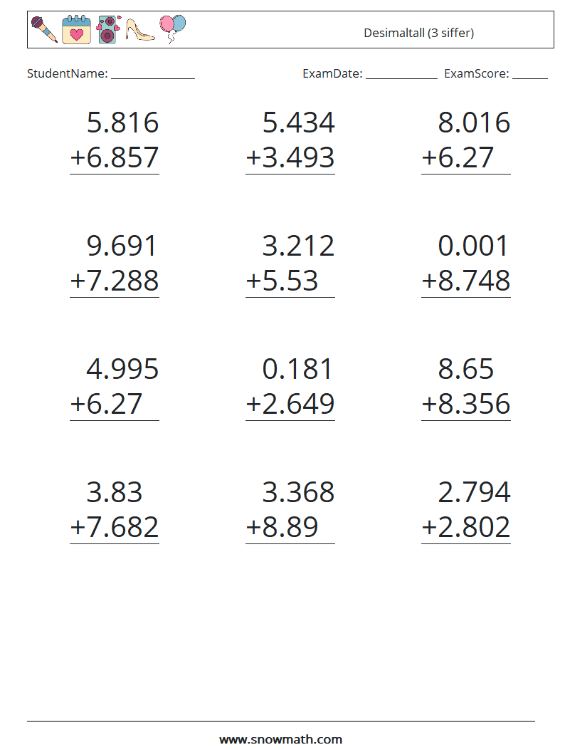 (12) Desimaltall (3 siffer) MathWorksheets 16