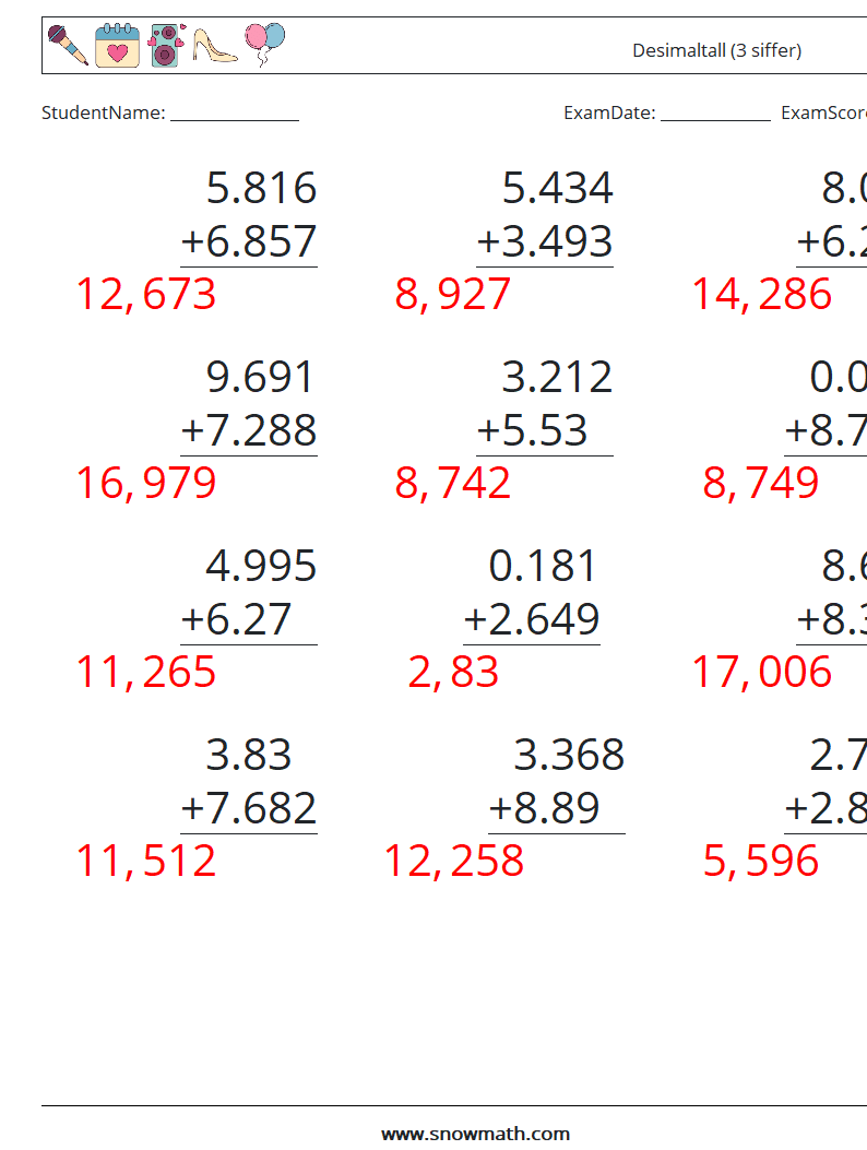 (12) Desimaltall (3 siffer) MathWorksheets 16 QuestionAnswer