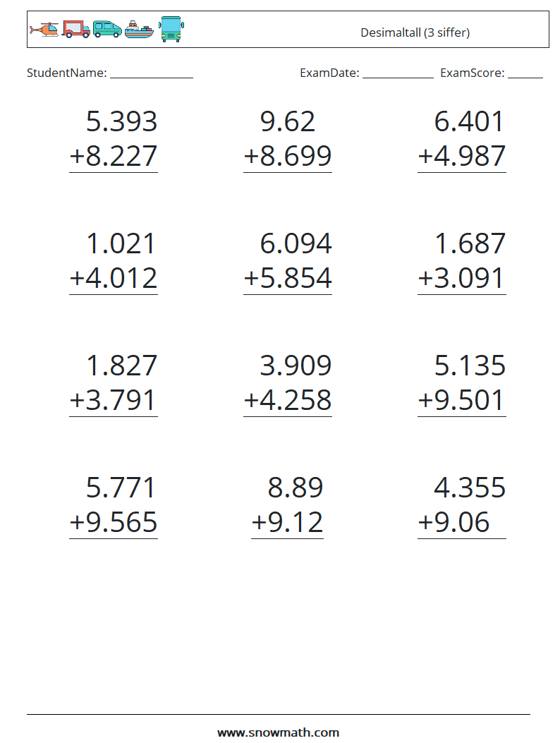 (12) Desimaltall (3 siffer) MathWorksheets 17