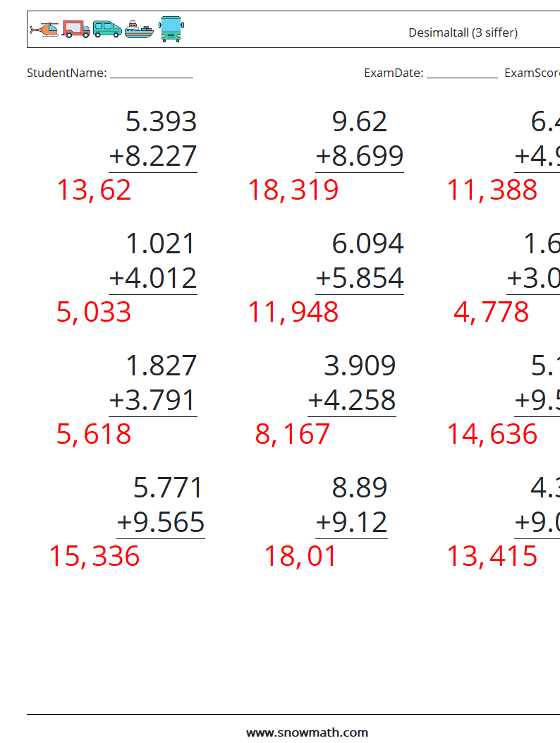 (12) Desimaltall (3 siffer) MathWorksheets 17 QuestionAnswer