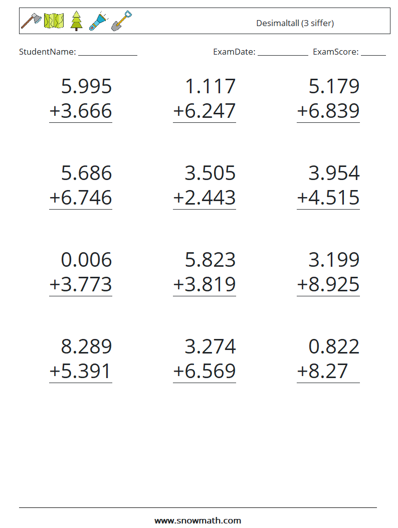 (12) Desimaltall (3 siffer) MathWorksheets 18