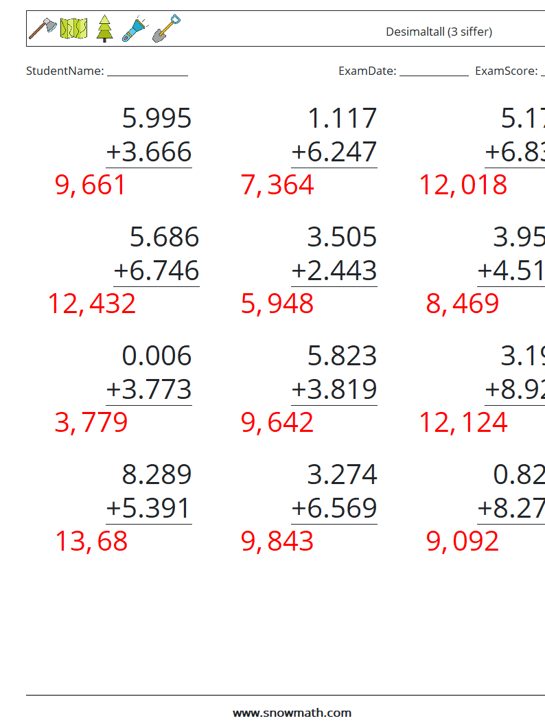 (12) Desimaltall (3 siffer) MathWorksheets 18 QuestionAnswer