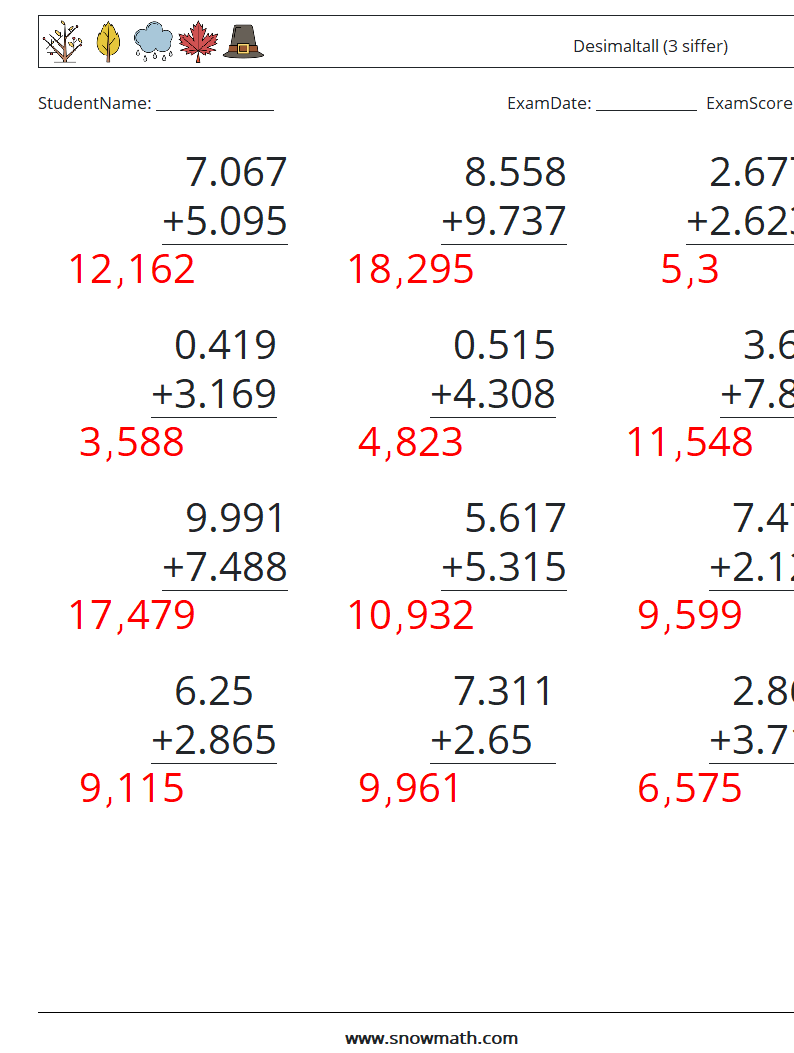 (12) Desimaltall (3 siffer) MathWorksheets 1 QuestionAnswer